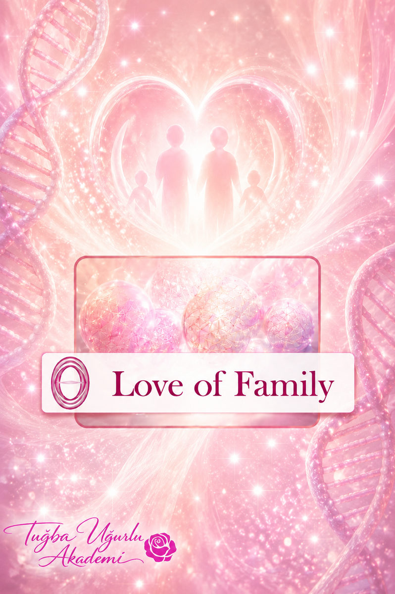 ThetaHealing Love of Family seminer afişi: pembe tonlarda kalp ve aile figürleri