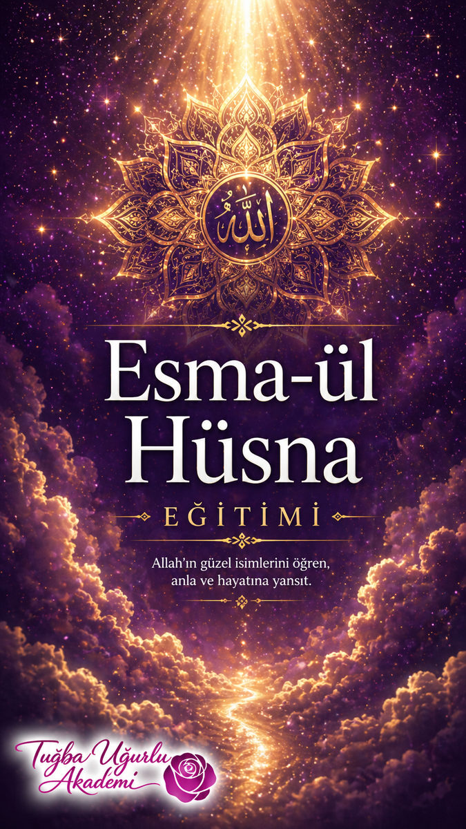 Esma-ül Hüsna eğitim afişi: mor zeminde altın mandala