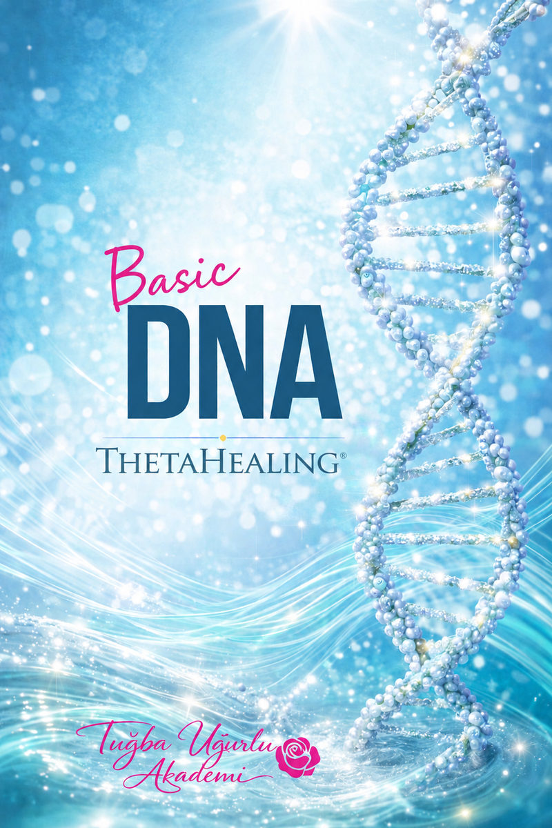 ThetaHealing Basic DNA seminer afişi: açık mavi zemin üzerinde DNA sarmalı