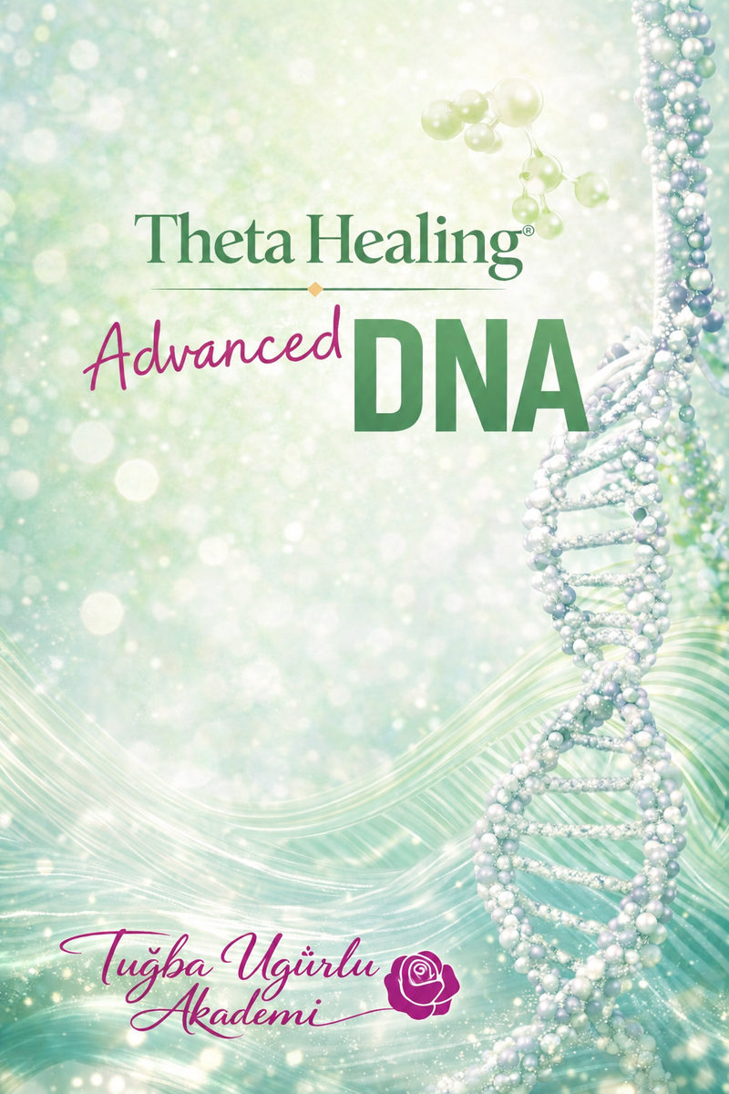 ThetaHealing Advanced DNA seminer afişi: açık yeşil zeminde DNA sarmalı