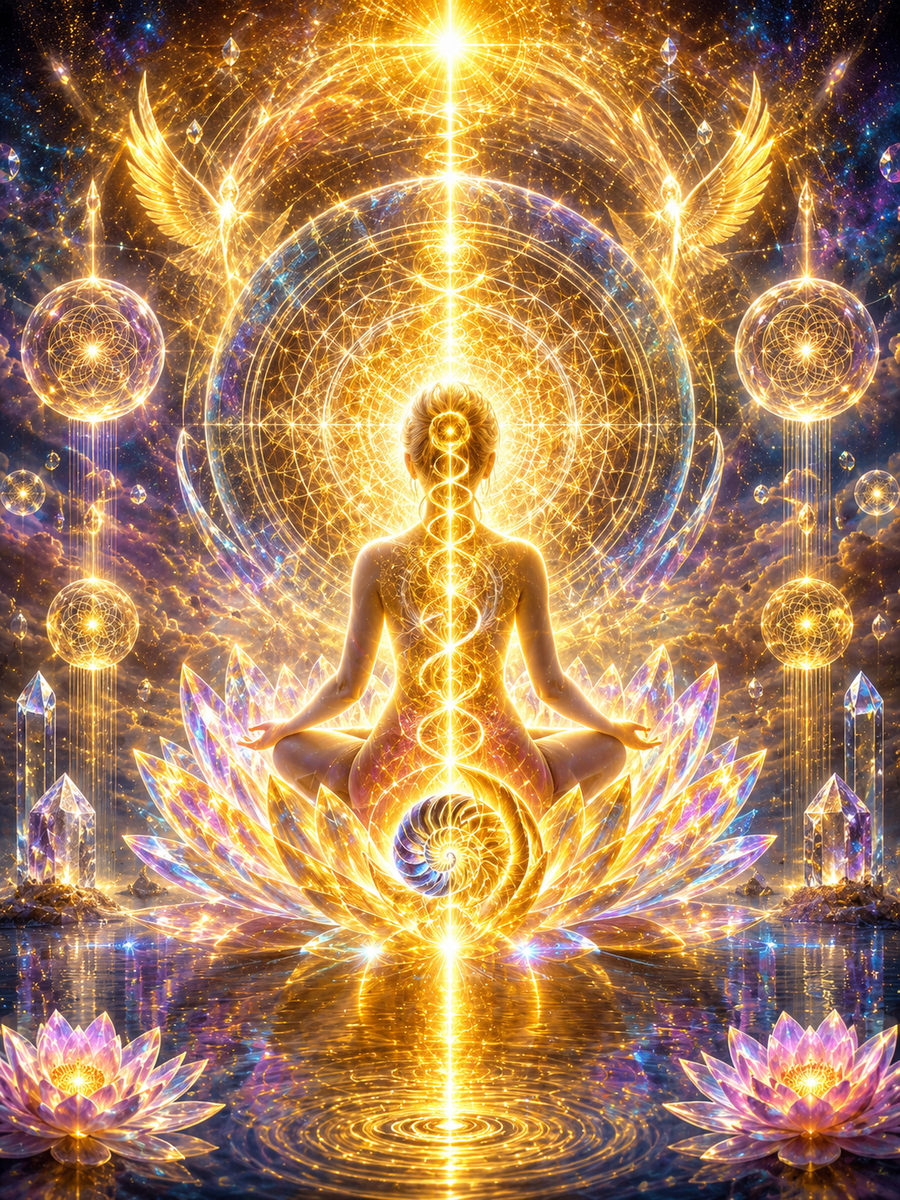 Altın ışık içinde nilüfer üzerinde meditasyon yapan figür