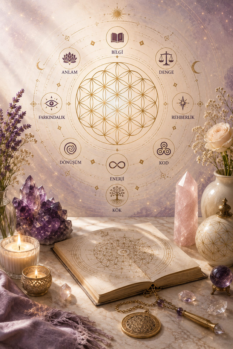 Kutsal geometri çizimli açık kitap, kristaller ve mumlar