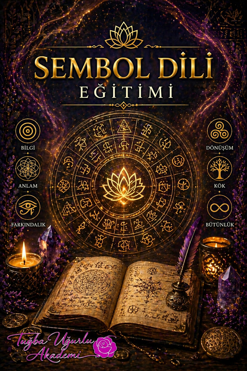 Sembol Dili eğitim afişi: açık kitap, kadim semboller ve mumlar