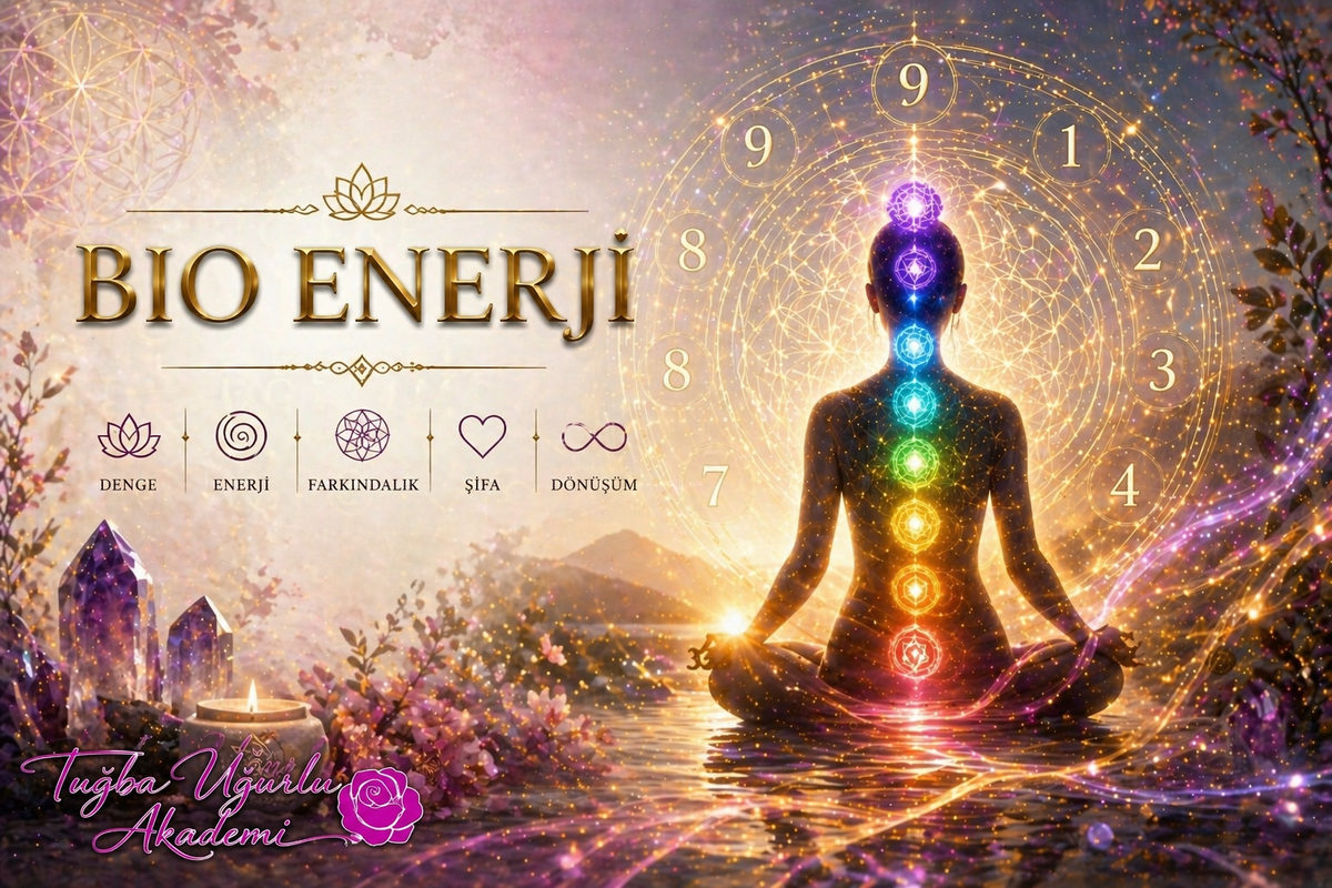 Bio Enerji seminer kapak görseli: çakra renkleriyle meditasyon yapan figür