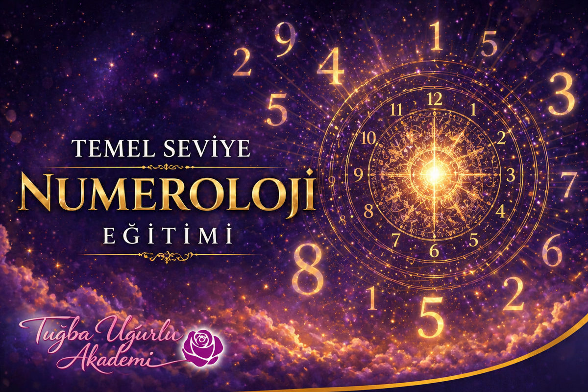 Temel Seviye Numeroloji seminer kapak görseli, altın rakamlar ve sayı çarkı
