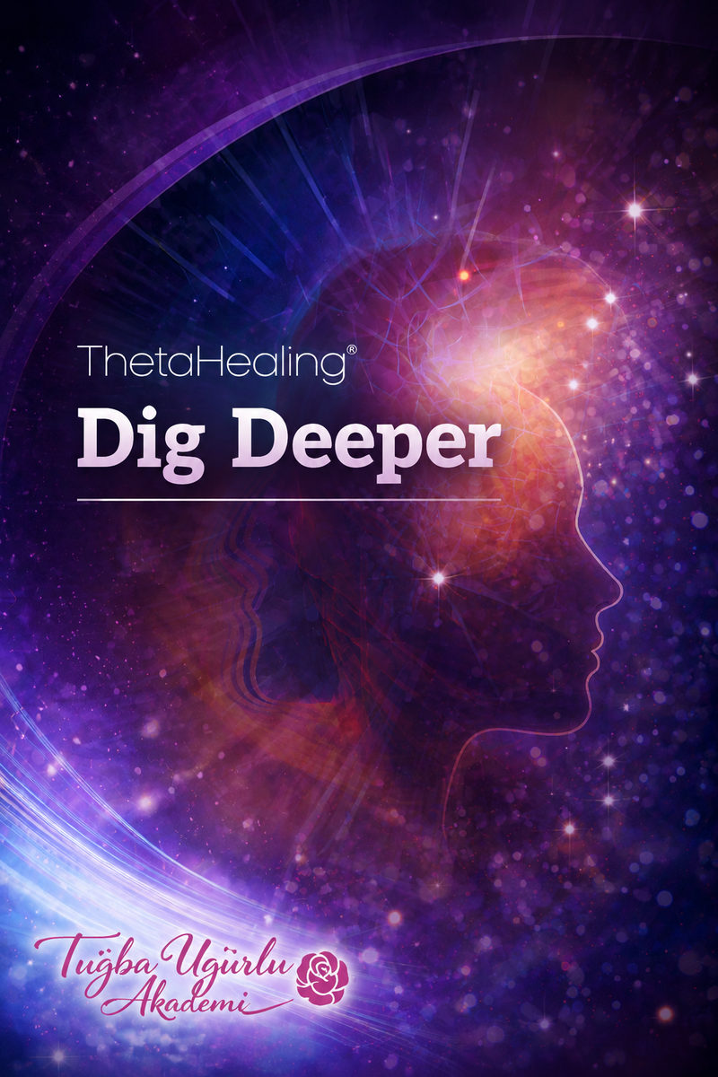 ThetaHealing Dig Deeper seminer afişi: mor kozmik zeminde insan başı silueti