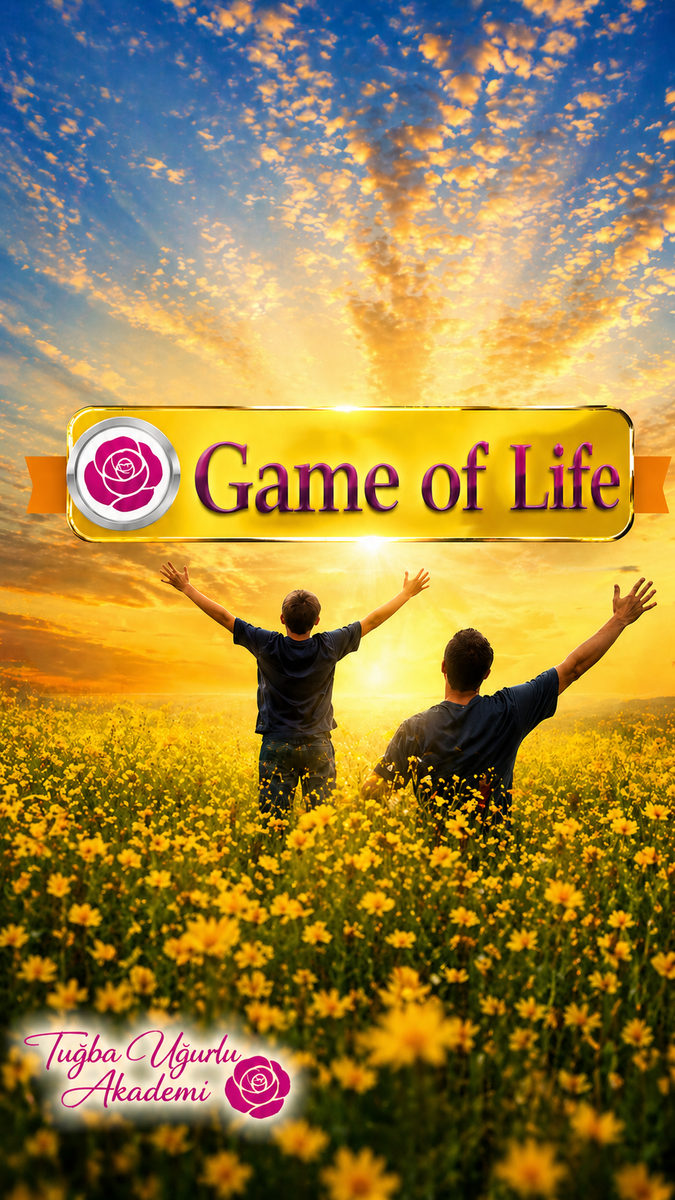 ThetaHealing Game of Life seminer afişi: sarı çiçek tarlasında kollarını kaldıran iki kişi