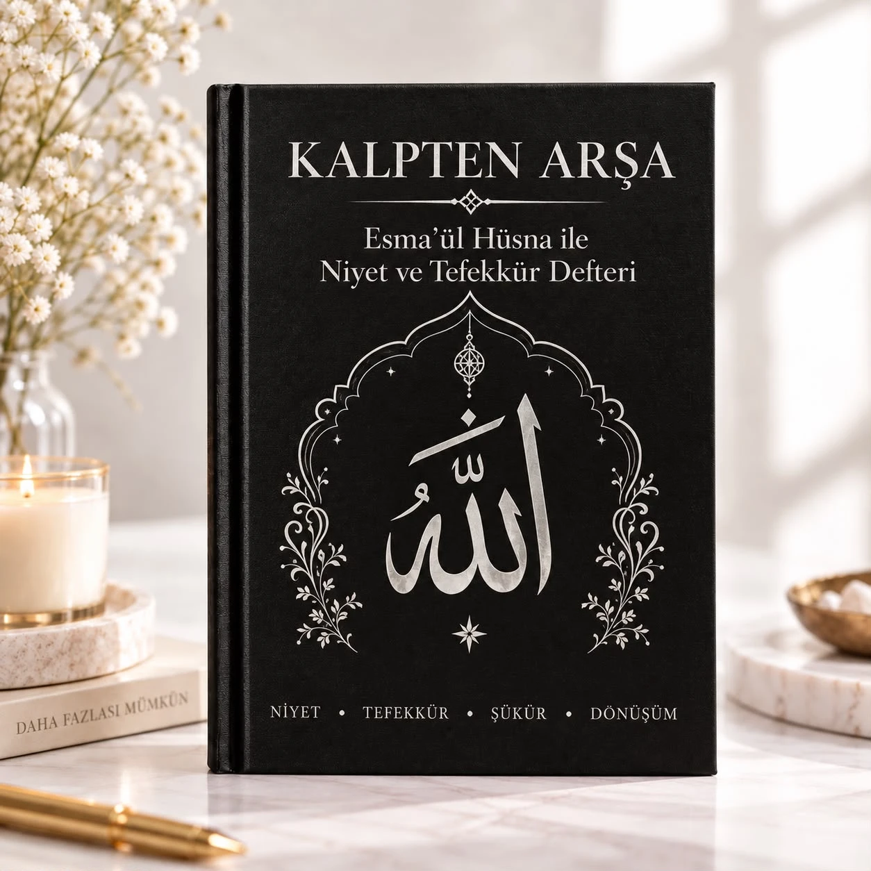 Siyah kapaklı "Kalpten Arşa" defteri; kapakta mihrap biçimli gümüş süsleme ve hat yazısı
