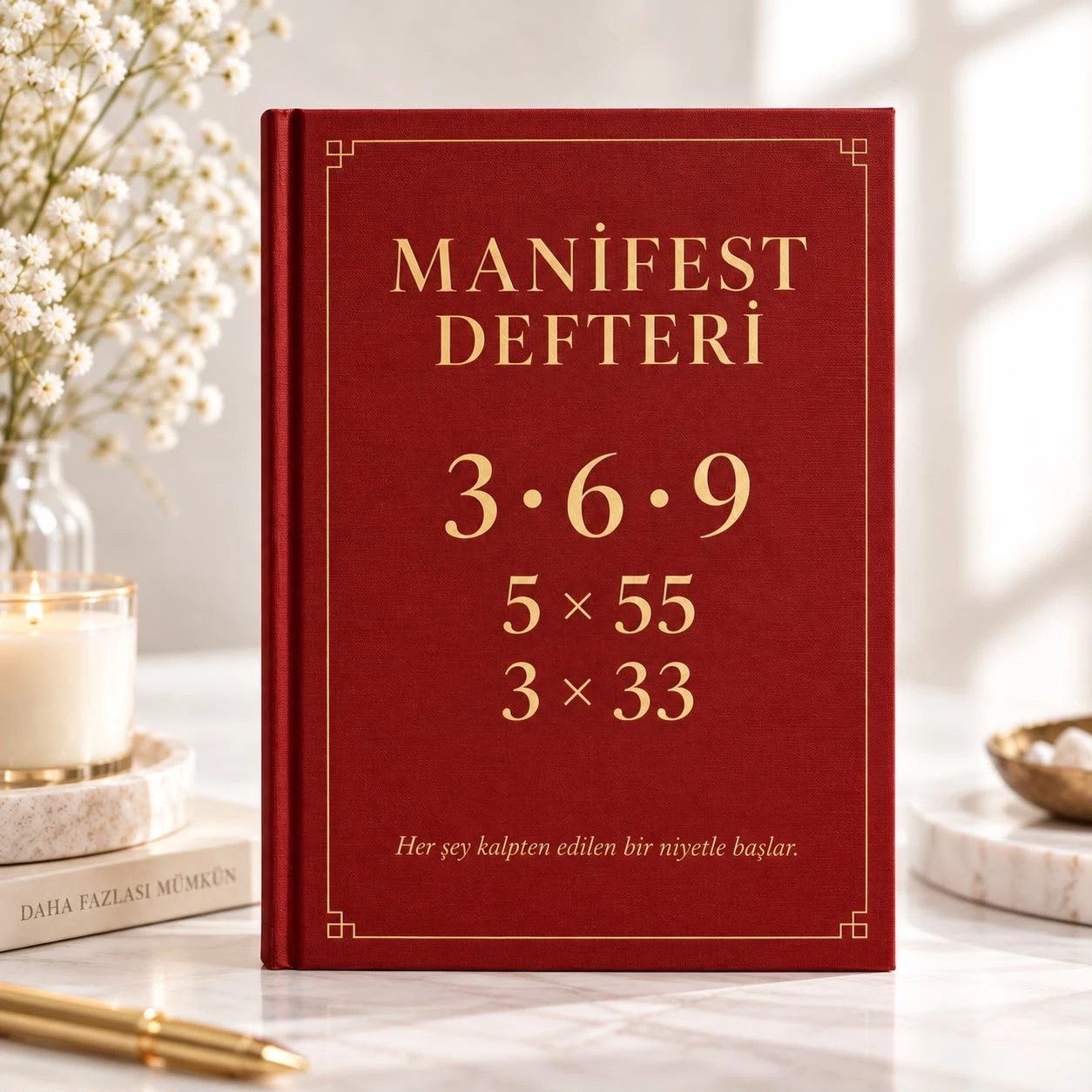 Altın yaldızlı başlıkla "Manifest Defteri" yazan kırmızı kapaklı defter; mum ve beyaz çiçeklerle